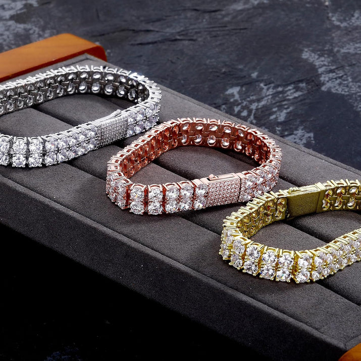2-Row Tennis Bracelet for Men & Women, 14K Gold Plated Brass, Iced-Out Cubic Zirconia Chain, Unisex Hip-Hop Style