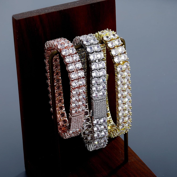 2-Row Tennis Bracelet for Men & Women, 14K Gold Plated Brass, Iced-Out Cubic Zirconia Chain, Unisex Hip-Hop Style