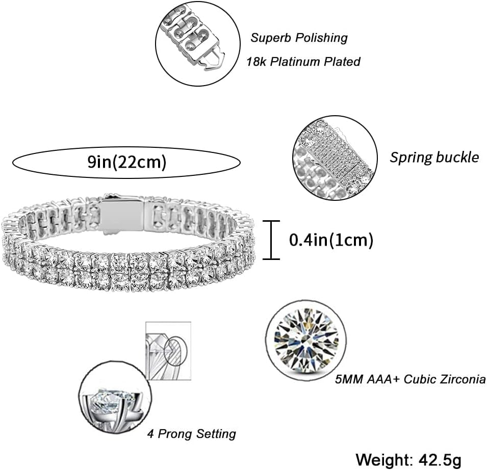 2-Row Tennis Bracelet for Men & Women, 14K Gold Plated Brass, Iced-Out Cubic Zirconia Chain, Unisex Hip-Hop Style